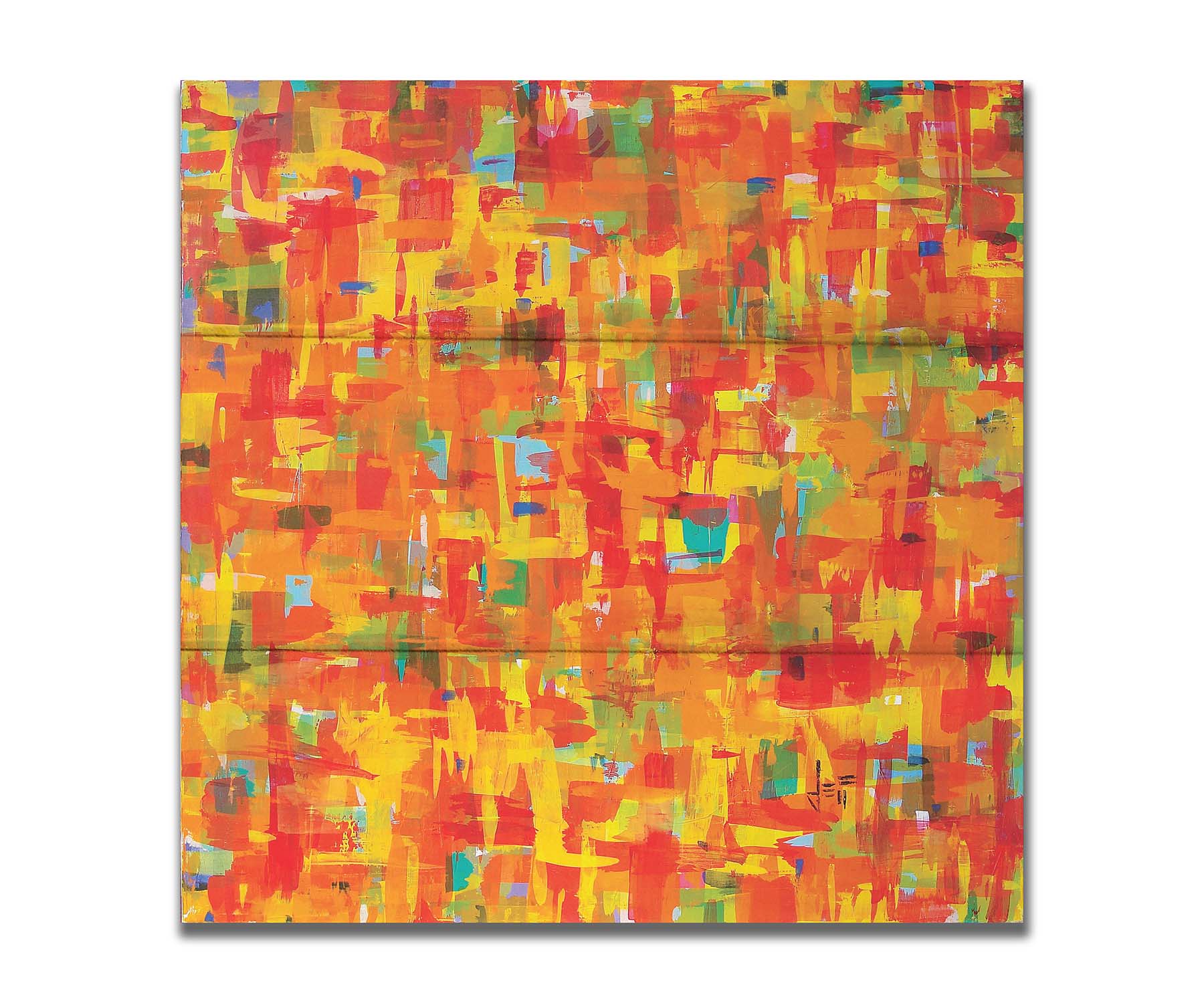 A painting of an abstract organic pattern of orange, yellow, and red accented by blue, pink, green, black, and white. Printed on a box board.