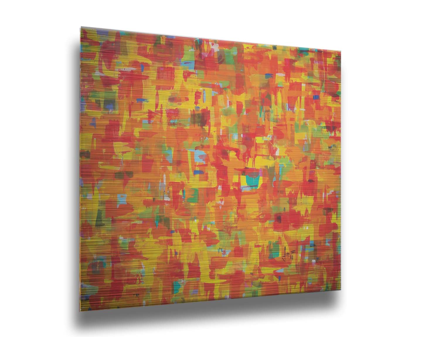 A painting of an abstract organic pattern of orange, yellow, and red accented by blue, pink, green, black, and white. Printed on metal.