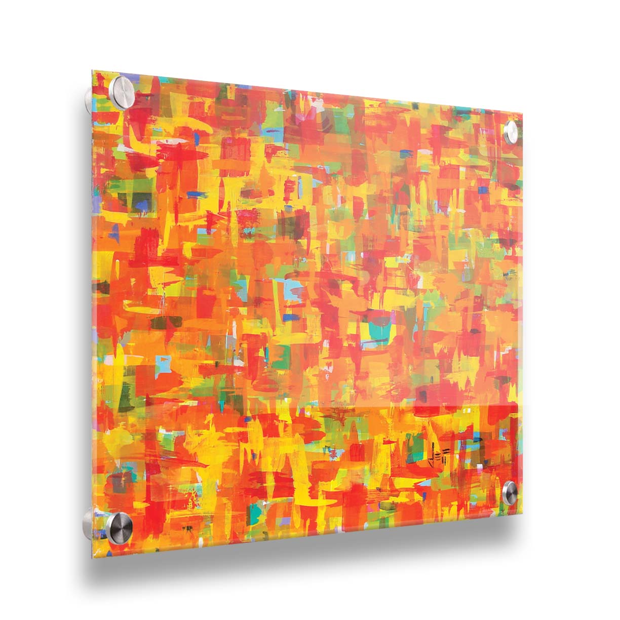 A painting of an abstract organic pattern of orange, yellow, and red accented by blue, pink, green, black, and white. Printed on acrylic.