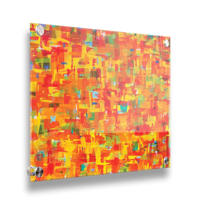 A painting of an abstract organic pattern of orange, yellow, and red accented by blue, pink, green, black, and white. Printed on acrylic.