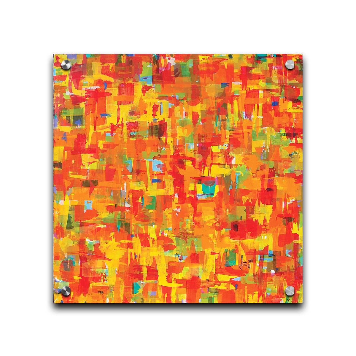 A painting of an abstract organic pattern of orange, yellow, and red accented by blue, pink, green, black, and white. Printed on acrylic.