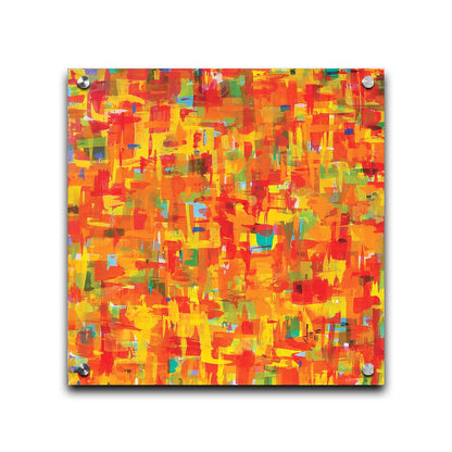 A painting of an abstract organic pattern of orange, yellow, and red accented by blue, pink, green, black, and white. Printed on acrylic.