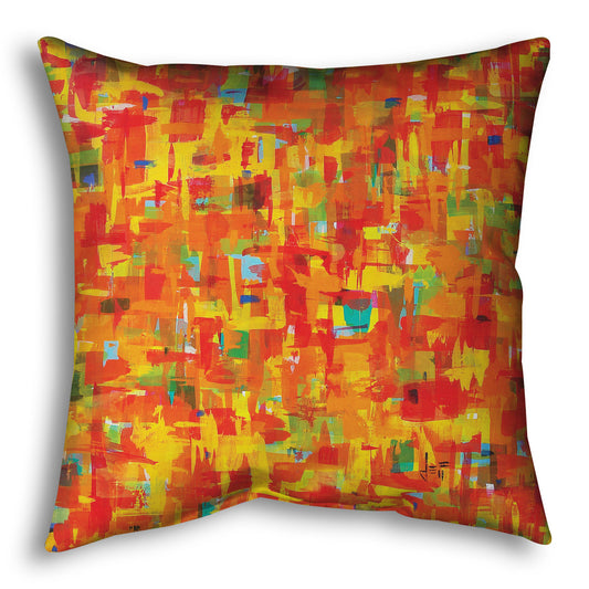 A throw pillow designed with a painting of an abstract organic pattern of orange, yellow, and red accented by blue, pink, green, black, and white.