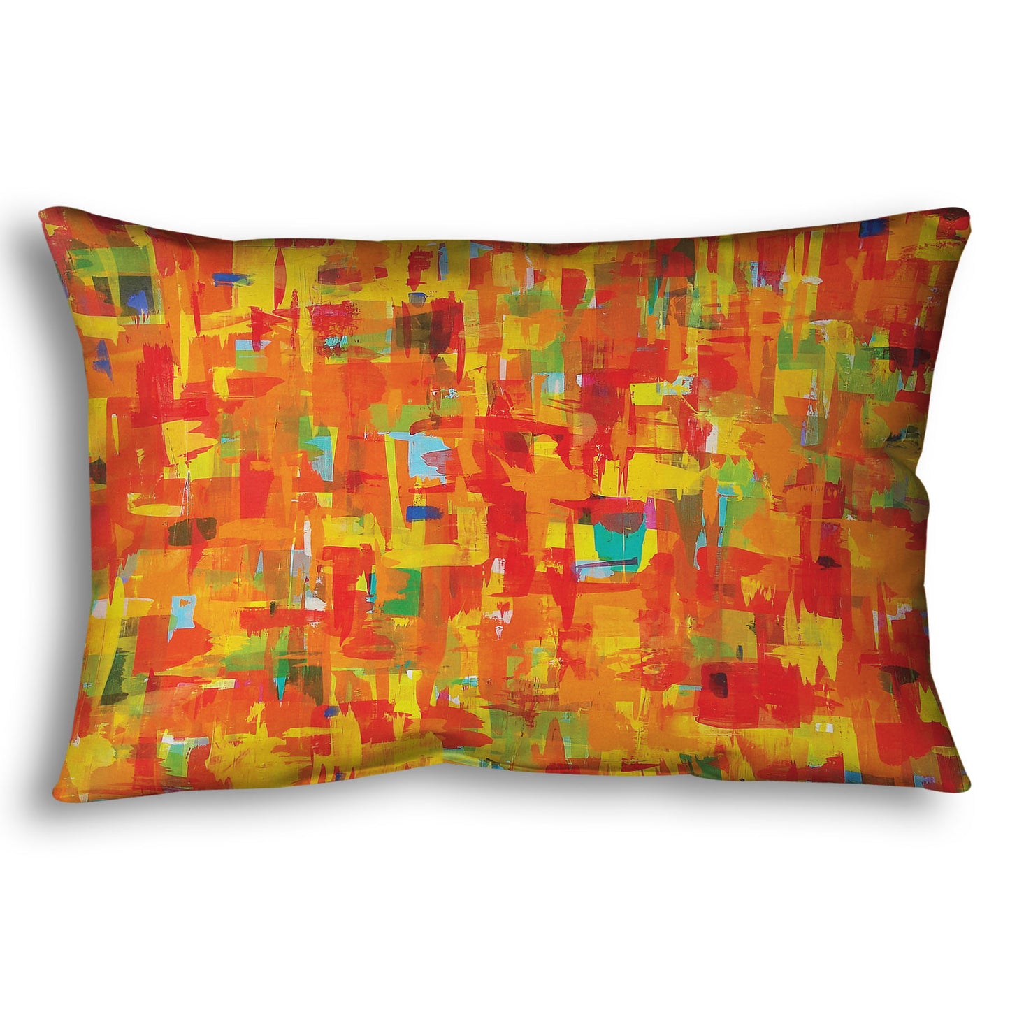 A throw pillow designed with a painting of an abstract organic pattern of orange, yellow, and red accented by blue, pink, green, black, and white.