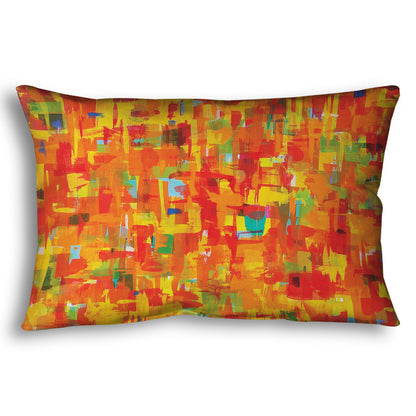 A throw pillow designed with a painting of an abstract organic pattern of orange, yellow, and red accented by blue, pink, green, black, and white.