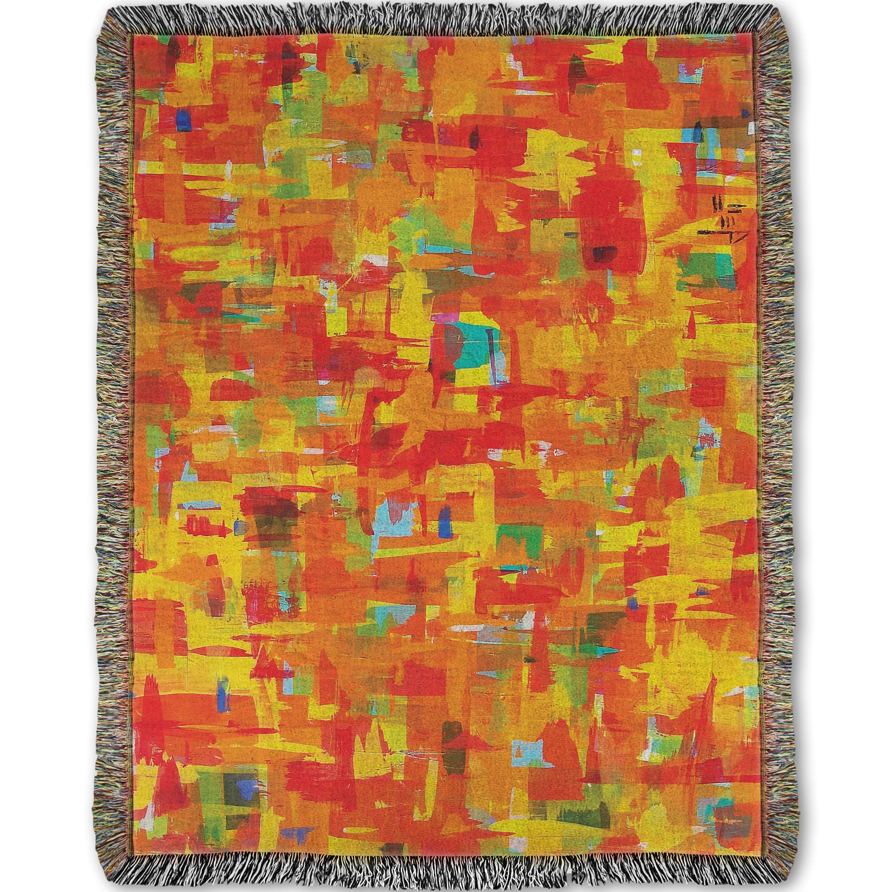 A woven throw blanket designed with a painting of an abstract organic pattern of orange, yellow, and red accented by blue, pink, green, black, and white.