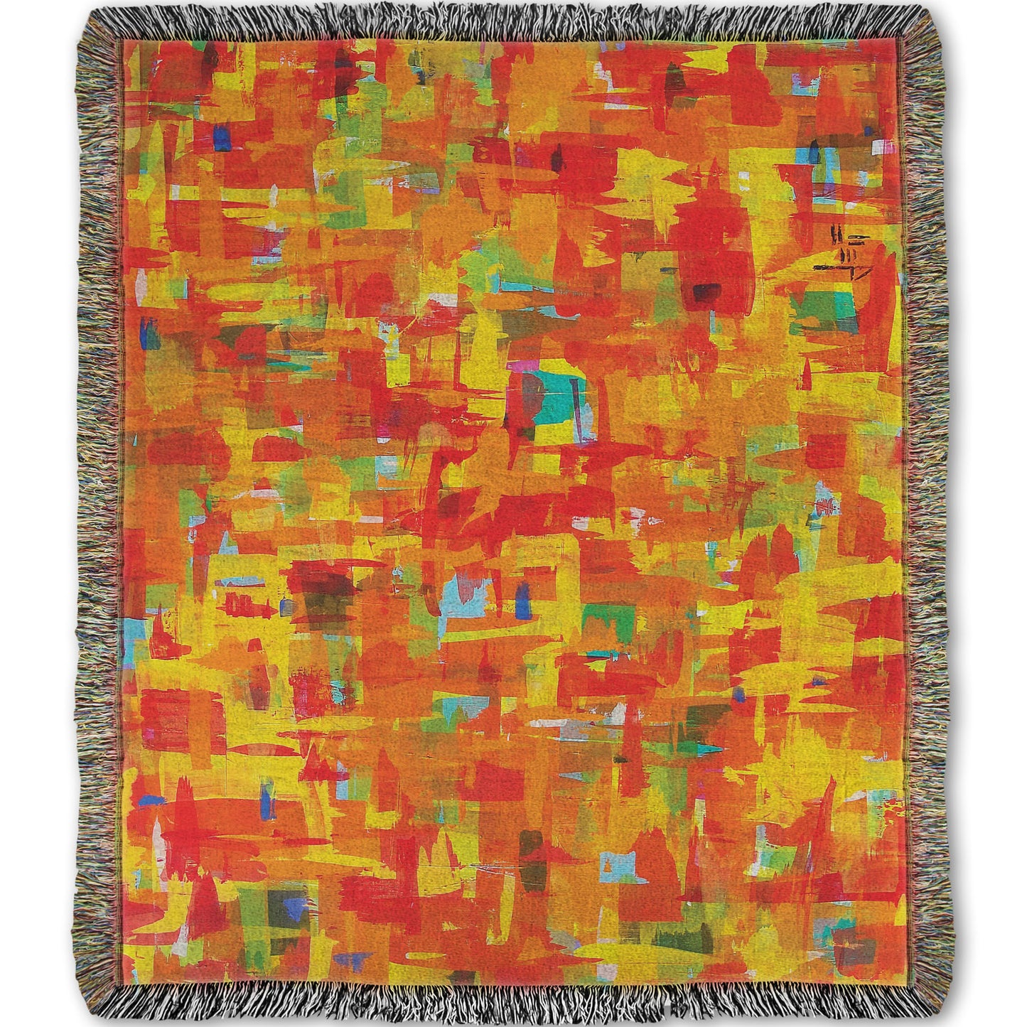 A woven throw blanket designed with a painting of an abstract organic pattern of orange, yellow, and red accented by blue, pink, green, black, and white.
