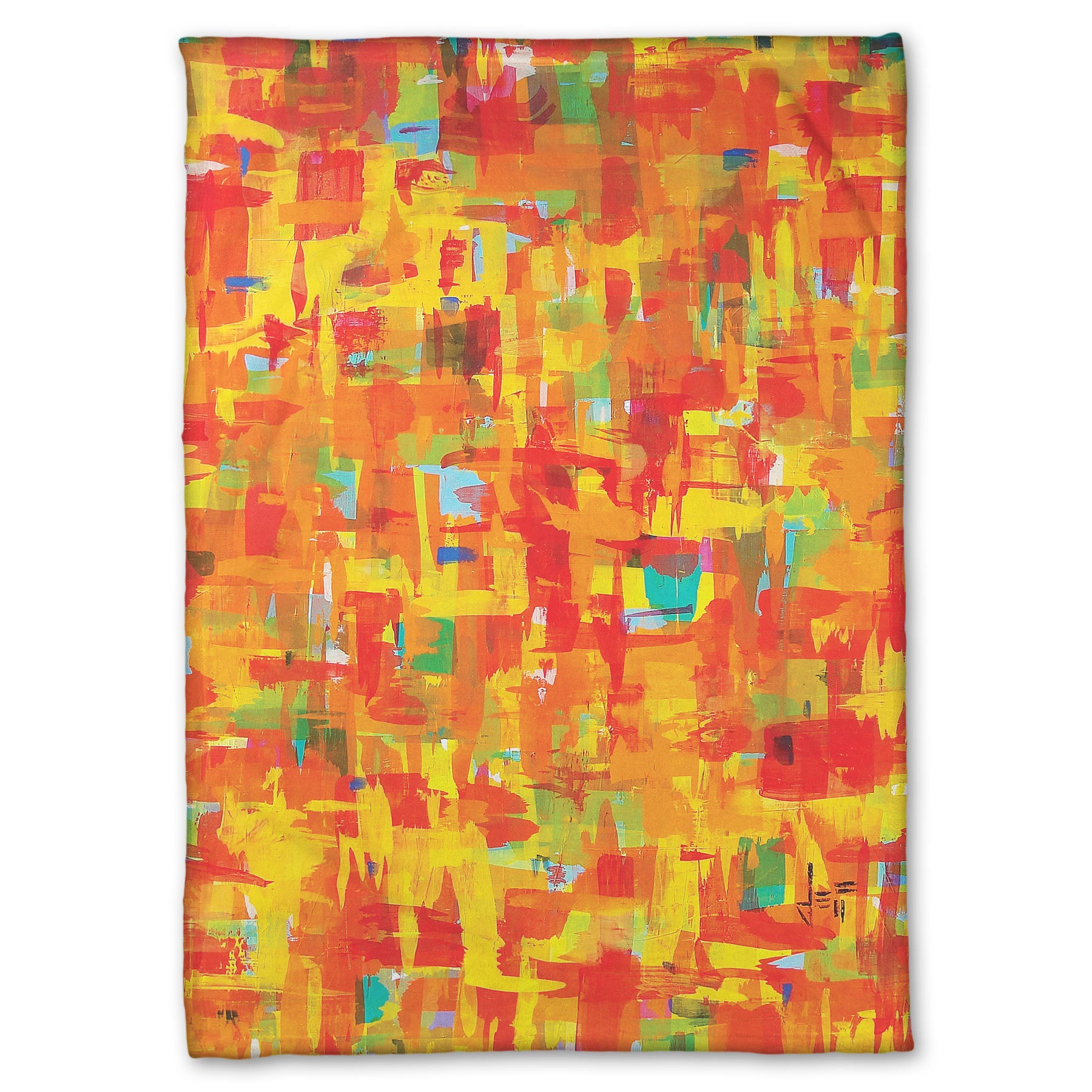 A fleece blanket designed with a painting of an abstract organic pattern of orange, yellow, and red accented by blue, pink, green, black, and white.