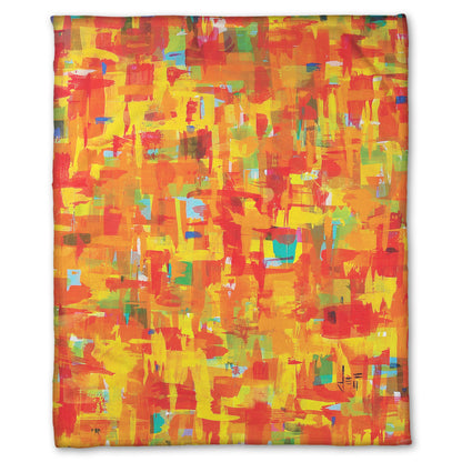 A fleece blanket designed with a painting of an abstract organic pattern of orange, yellow, and red accented by blue, pink, green, black, and white.