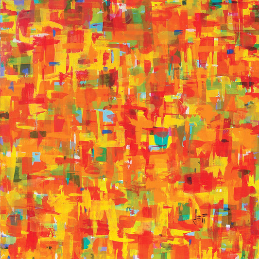 A painting of an abstract organic pattern of orange, yellow, and red accented by blue, pink, green, black, and white.