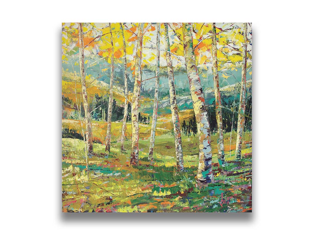 An expressive painting of a birch forest with the yellow leaves of fall. Printed on canvas.