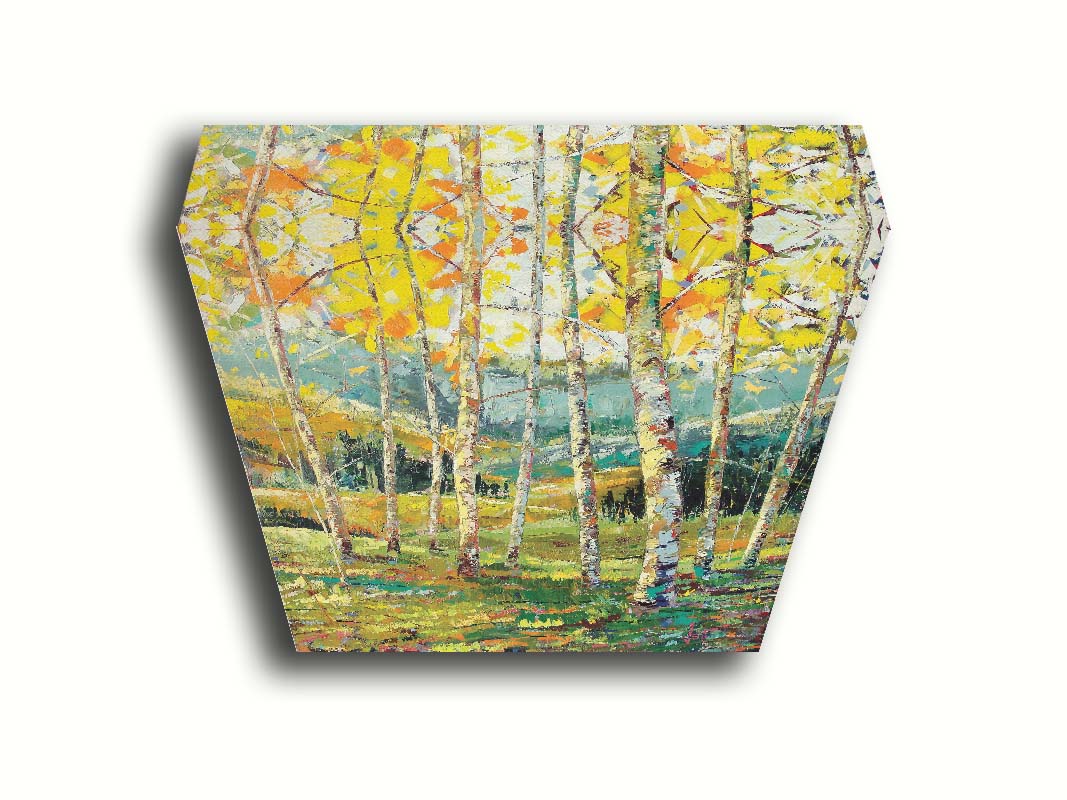 A painting of a birch forest with the yellow leaves of fall. Printed on canvas.