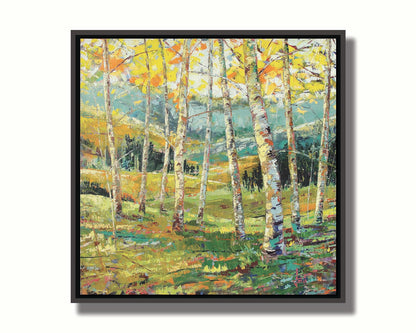 A painting of a birch forest with the yellow leaves of fall. Printed on canvas in a float frame.