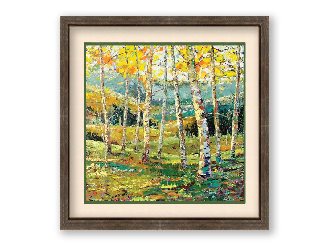 A painting of a birch forest with the yellow leaves of fall. Printed on paper, matted, and framed.