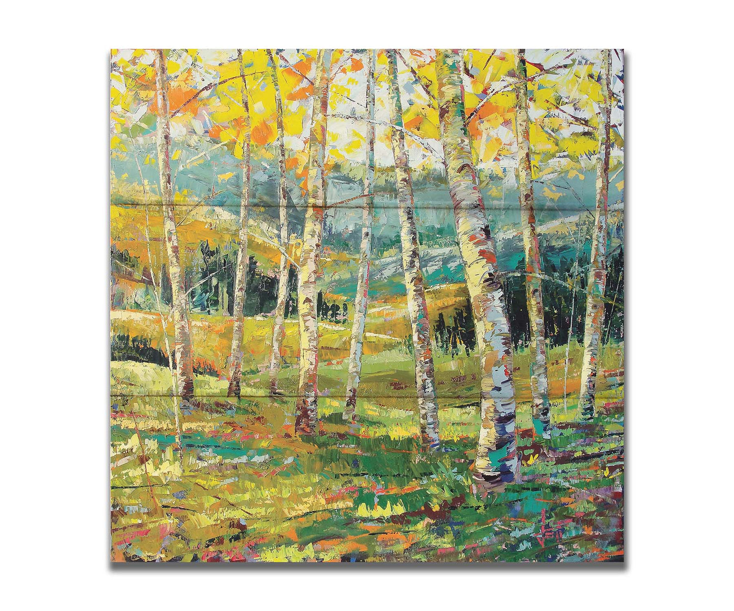 A painting of a birch forest with the yellow leaves of fall. Printed on a box board.