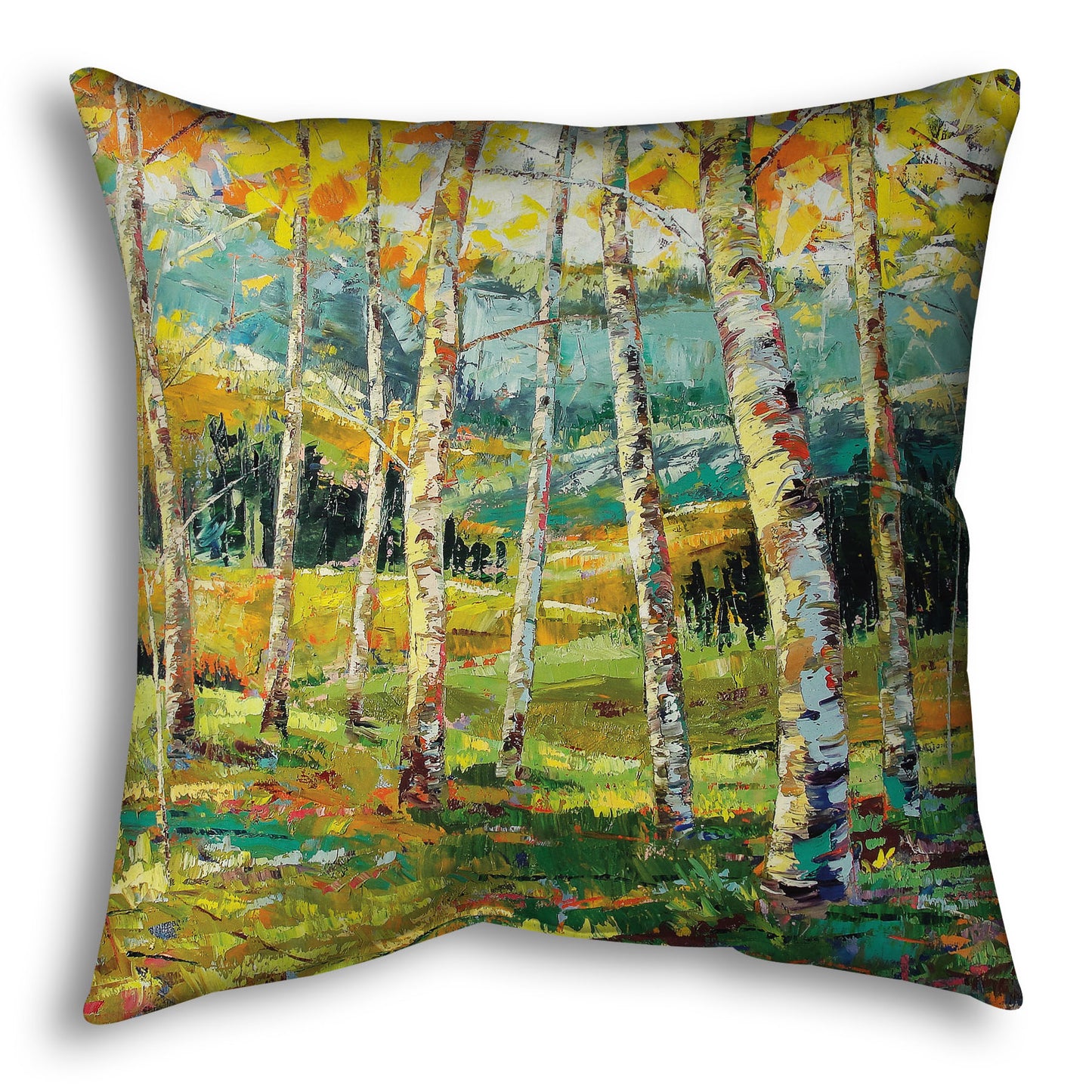 A throw pillow designed with an expressive painting of a birch forest with the yellow leaves of fall.