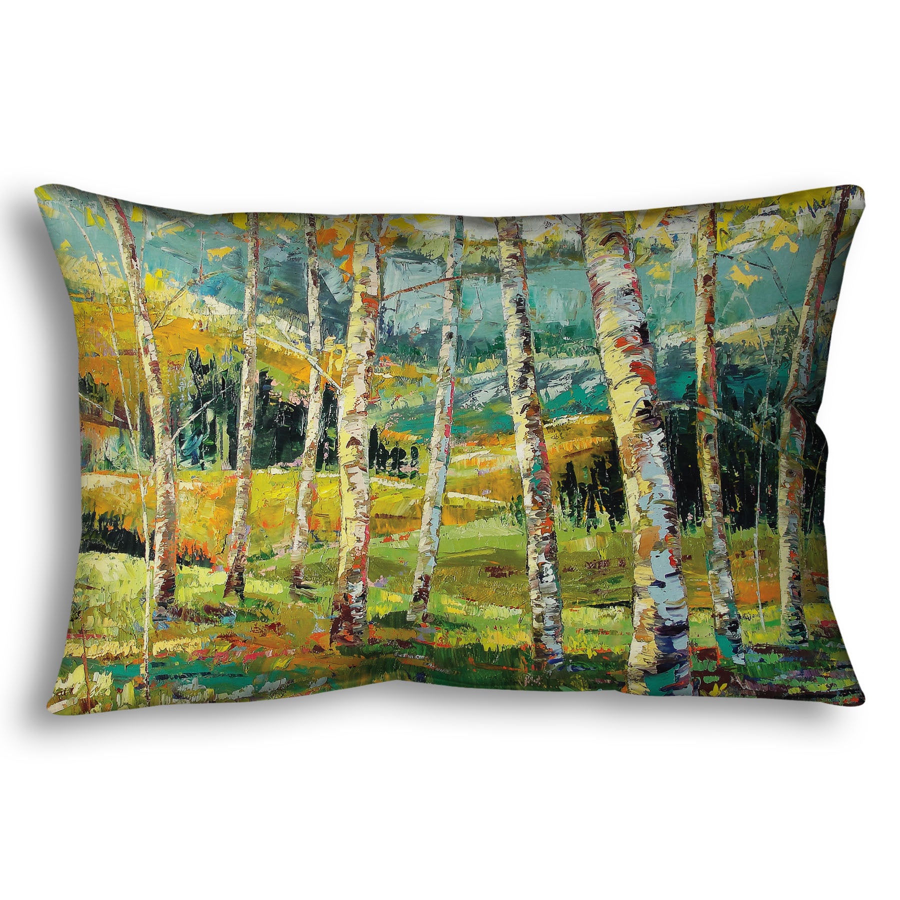 A throw pillow designed with an expressive painting of a birch forest with the yellow leaves of fall.
