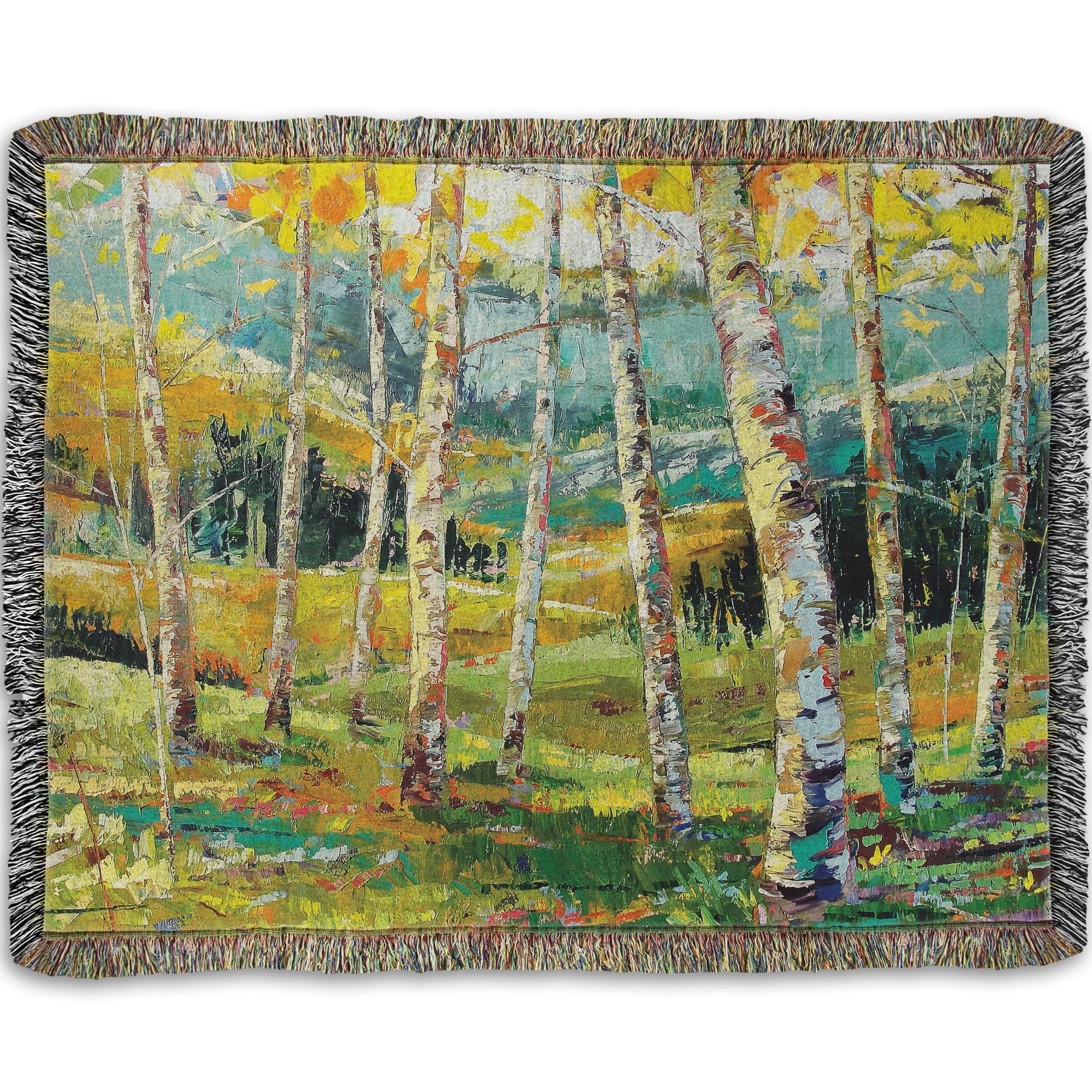 A woven throw blanket designed with an expressive painting of a birch forest with the yellow leaves of fall.