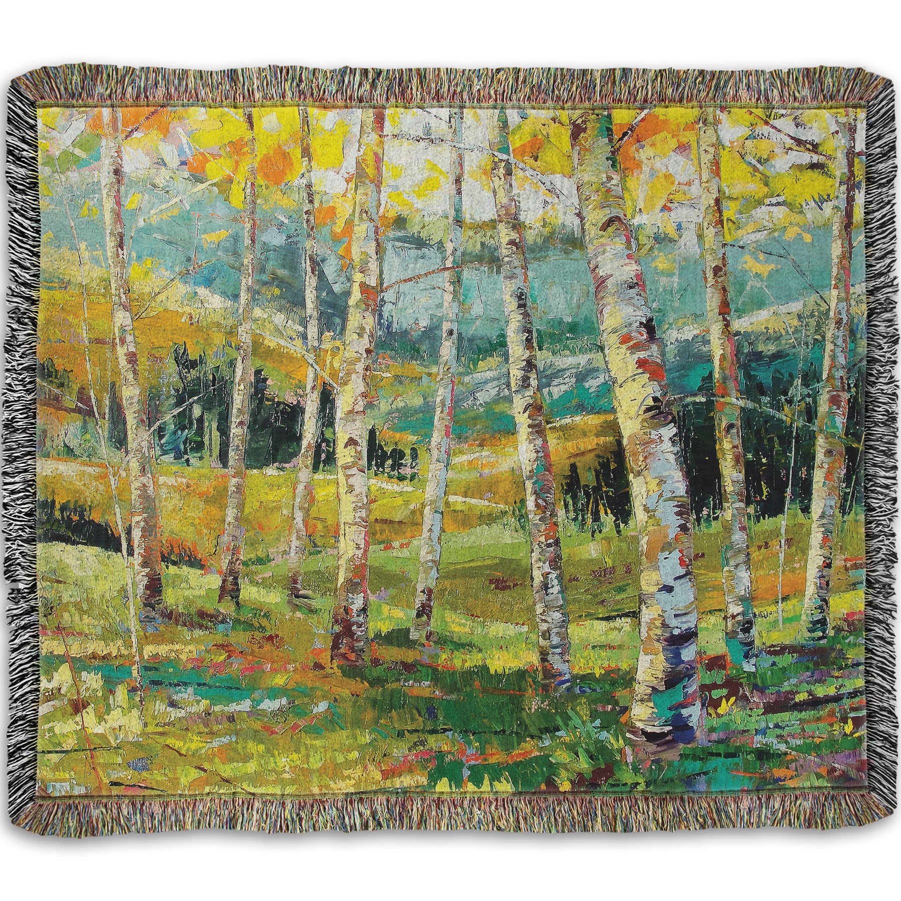 A woven throw blanket designed with an expressive painting of a birch forest with the yellow leaves of fall.