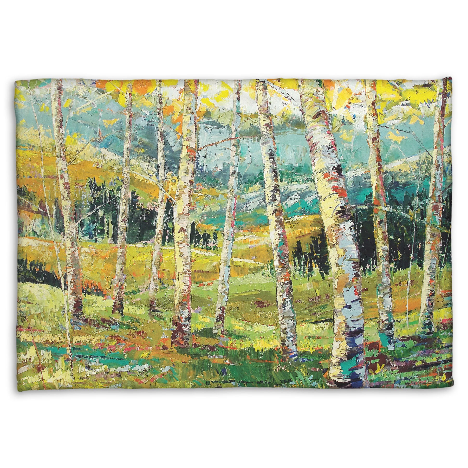 A fleece blanket designed with an expressive painting of a birch forest with the yellow leaves of fall.