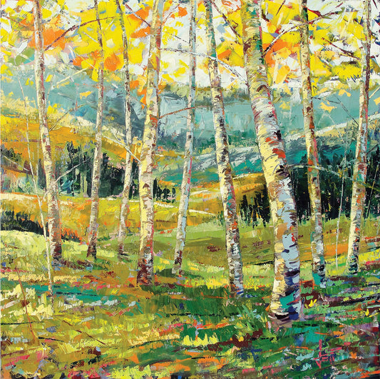 An expressive painting of a birch forest with the yellow leaves of fall.