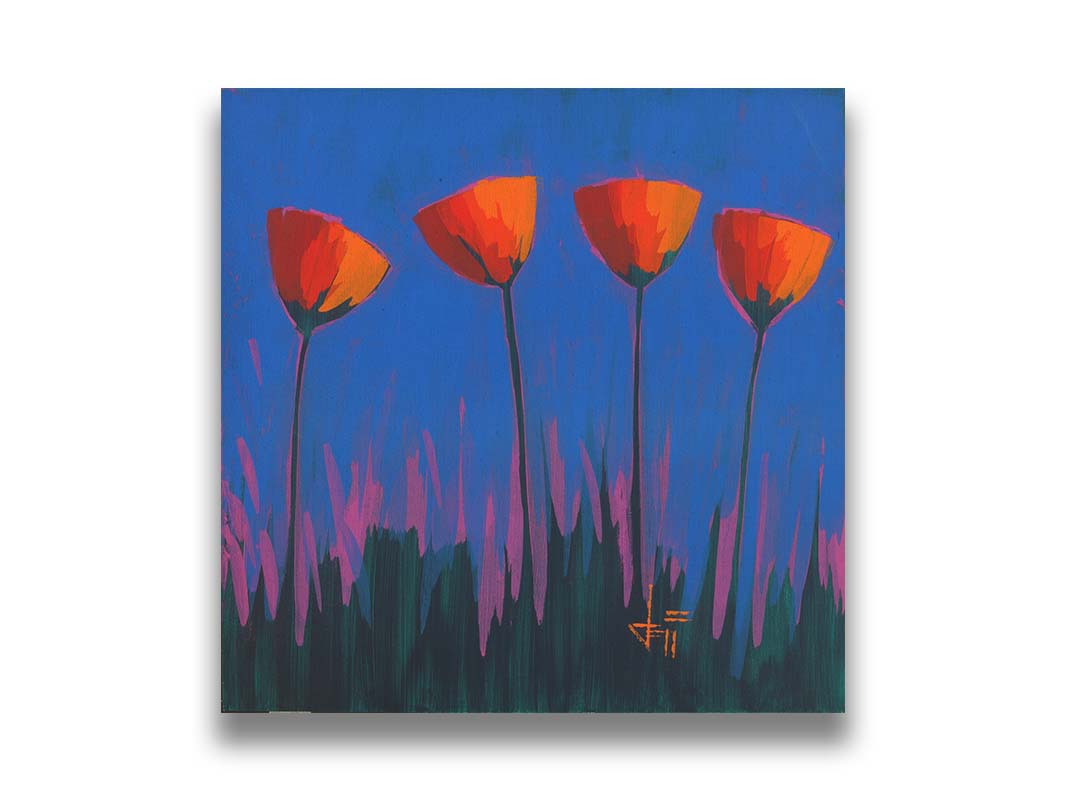 A painting of four simplified red flowers against a dark blue and purple background. Printed on canvas.