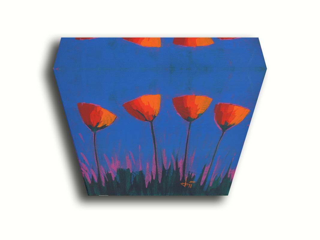 A painting of four simplified red flowers against a dark blue and purple background. Printed on canvas.