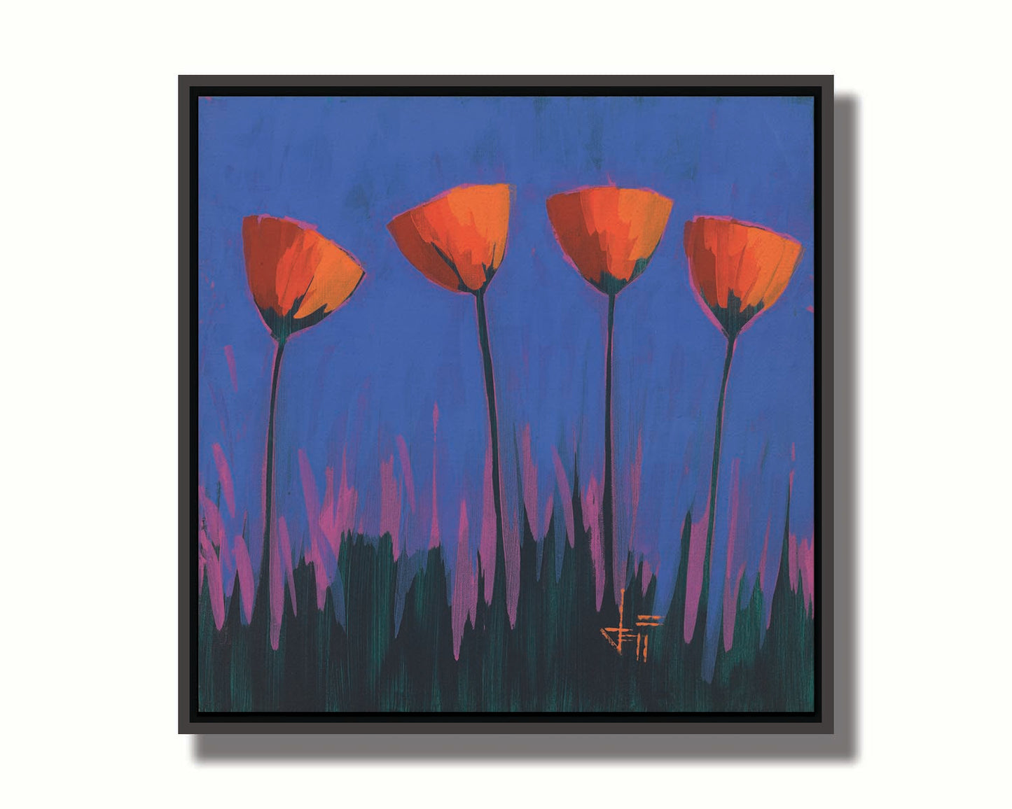 A painting of four simplified red flowers against a dark blue and purple background. Printed on canvas in a float frame.