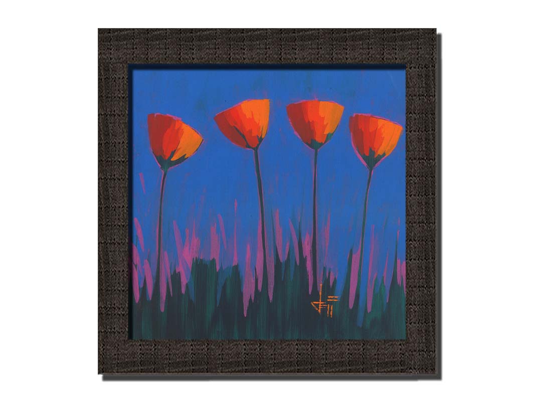 A painting of four simplified red flowers against a dark blue and purple background. Printed on canvas and framed.