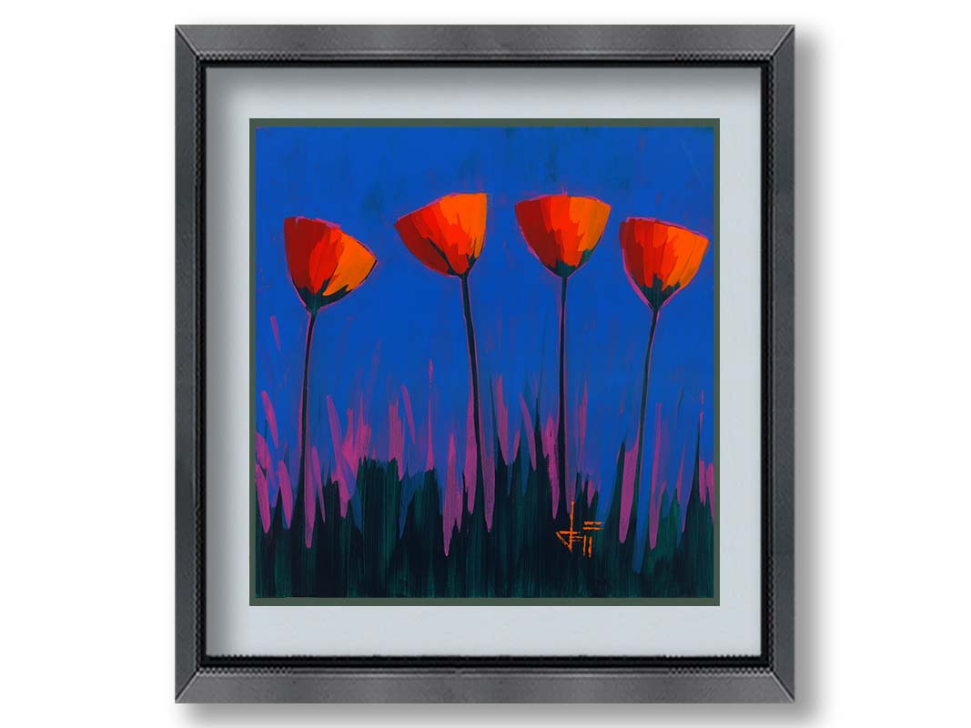 A painting of four simplified red flowers against a dark blue and purple background. Printed on paper, matted, and framed.