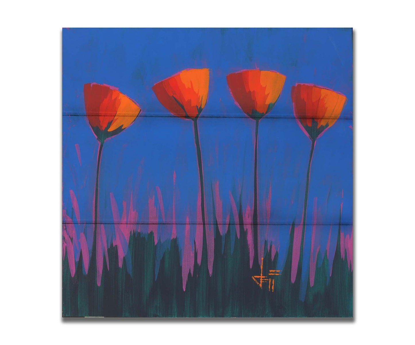 A painting of four simplified red flowers against a dark blue and purple background. Printed on a box board.