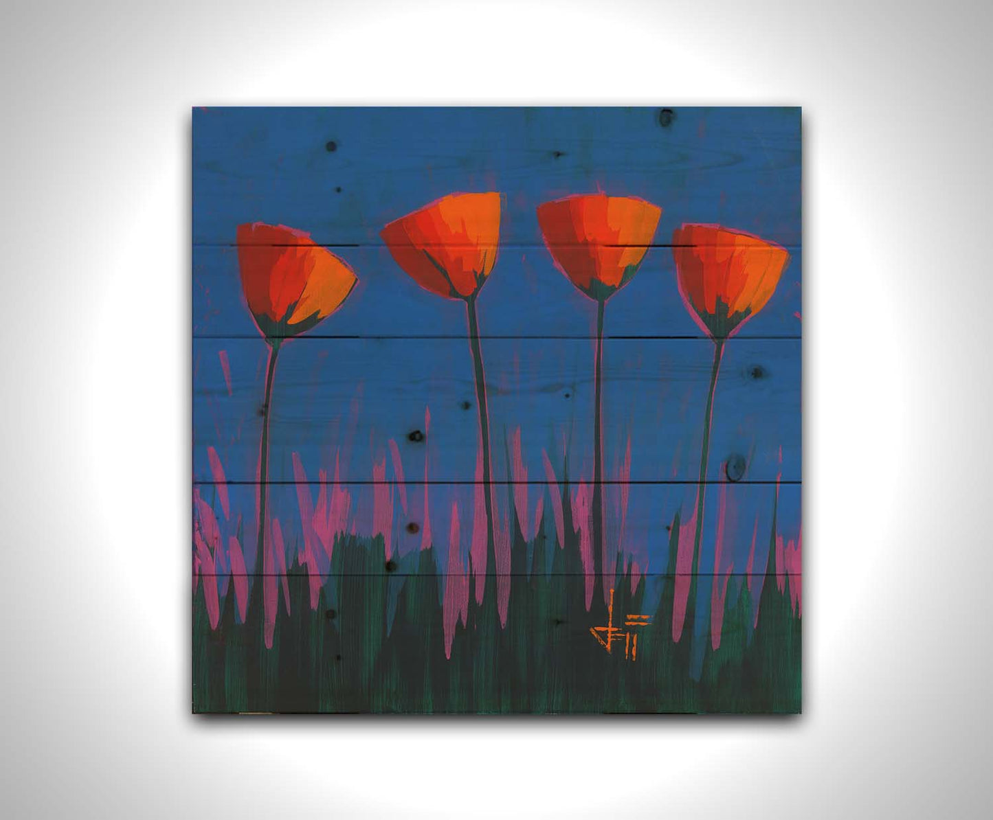 A painting of four simplified red flowers against a dark blue and purple background. Printed on a wood pallet.