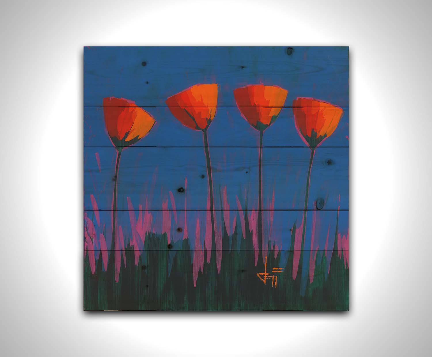 A painting of four simplified red flowers against a dark blue and purple background. Printed on a wood pallet.