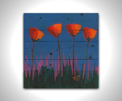 A painting of four simplified red flowers against a dark blue and purple background. Printed on a wood pallet.