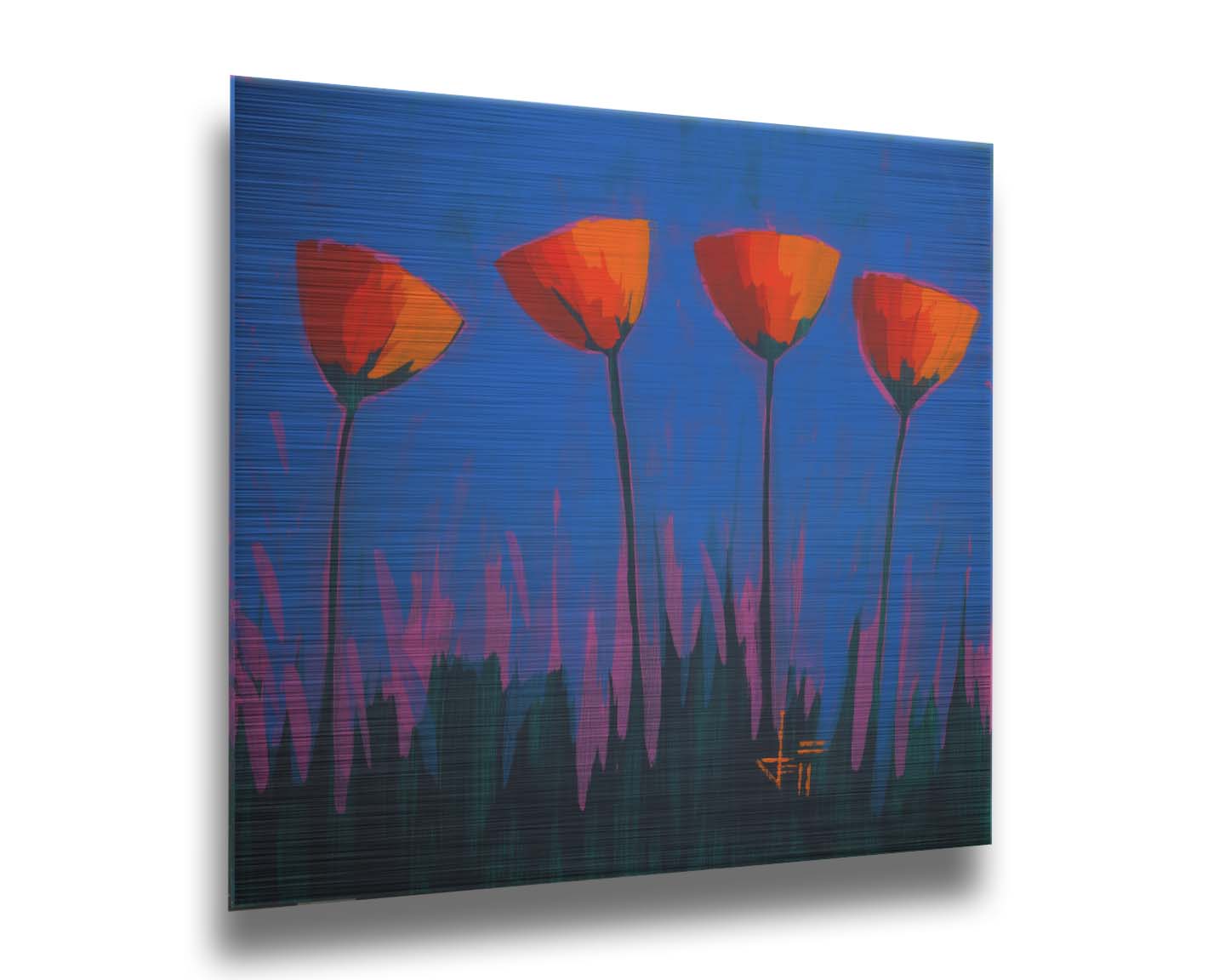 A painting of four simplified red flowers against a dark blue and purple background. Printed on metal.