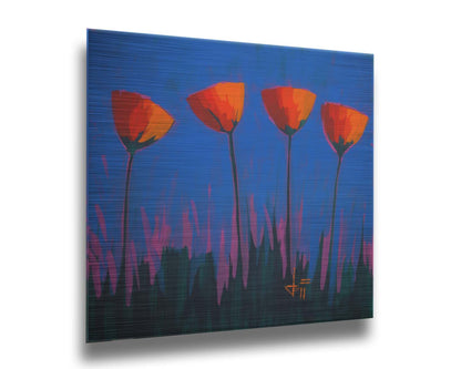 A painting of four simplified red flowers against a dark blue and purple background. Printed on metal.