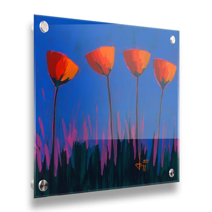 A painting of four simplified red flowers against a dark blue and purple background. Printed on acrylic.