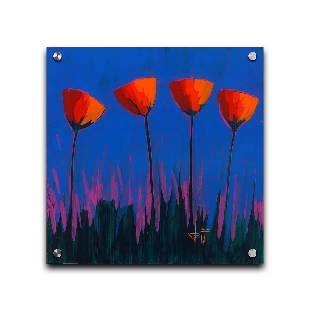 A painting of four simplified red flowers against a dark blue and purple background. Printed on acrylic.