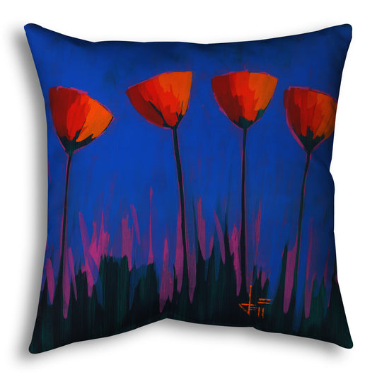A throw pillow designed with a painting of four simplified red flowers against a dark blue and purple background.