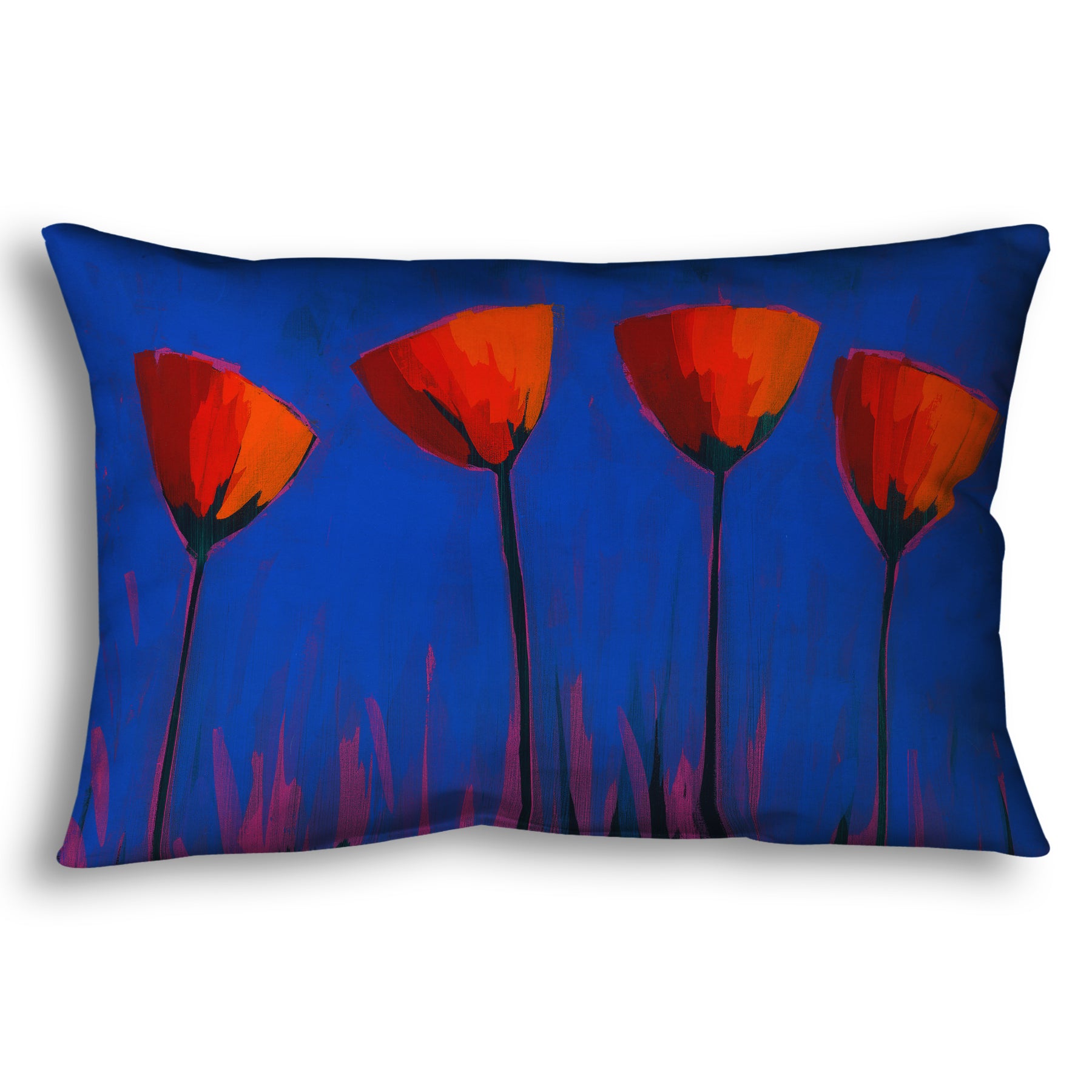 A throw pillow designed with a painting of four simplified red flowers against a dark blue and purple background.
