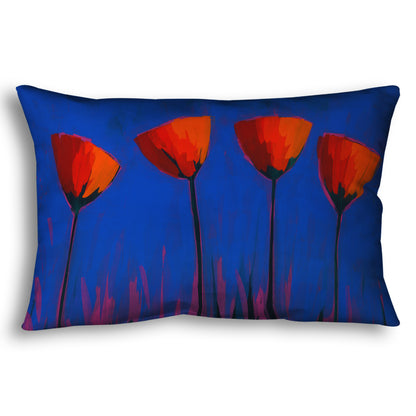 A throw pillow designed with a painting of four simplified red flowers against a dark blue and purple background.