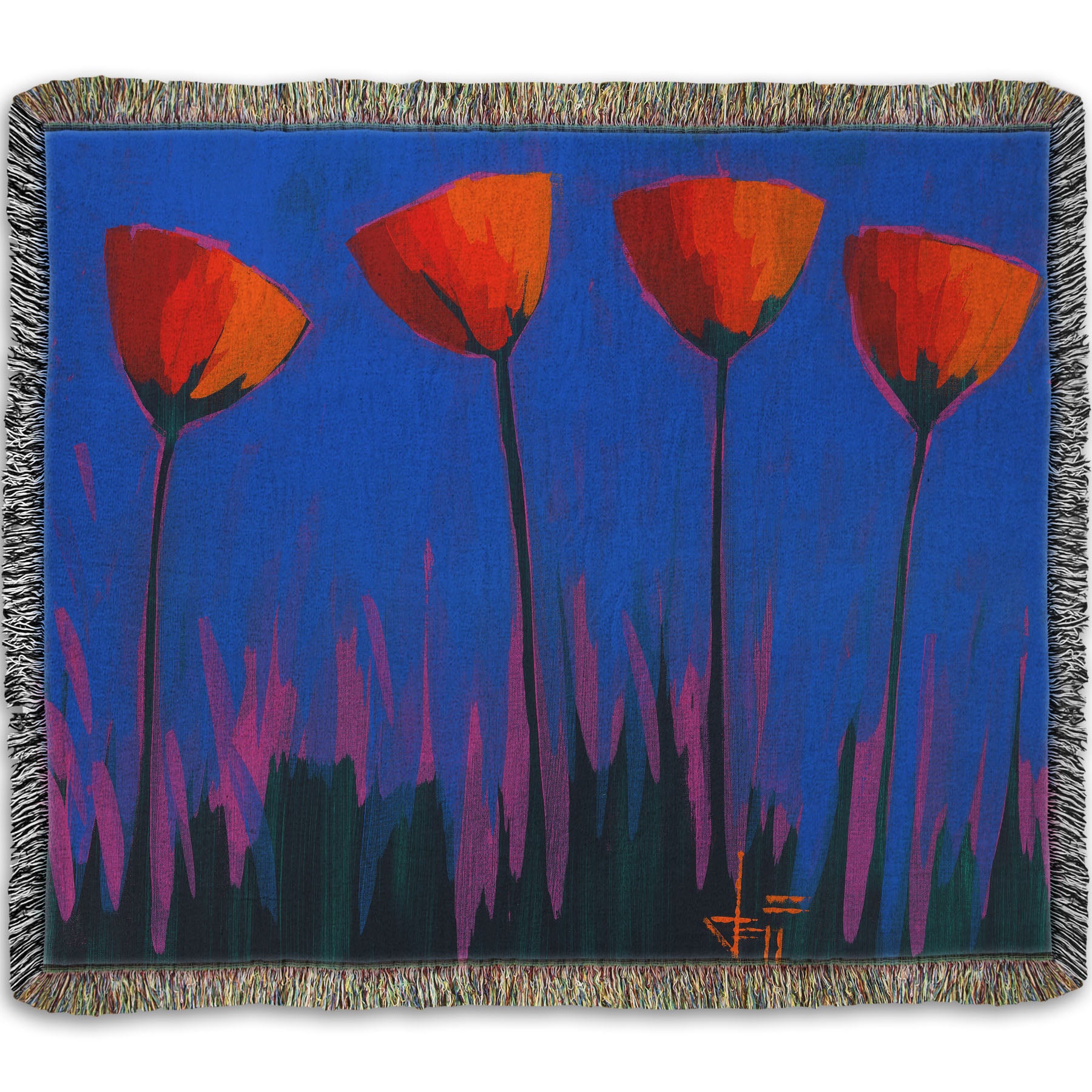 A woven throw blanket designed with a painting of four simplified red flowers against a dark blue and purple background.