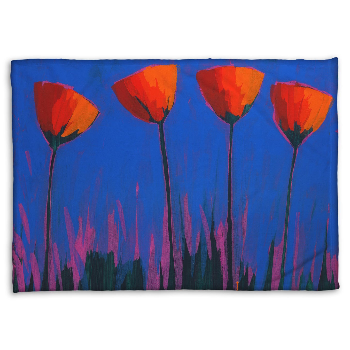 A fleece throw blanket designed with a painting of four simplified red flowers against a dark blue and purple background.