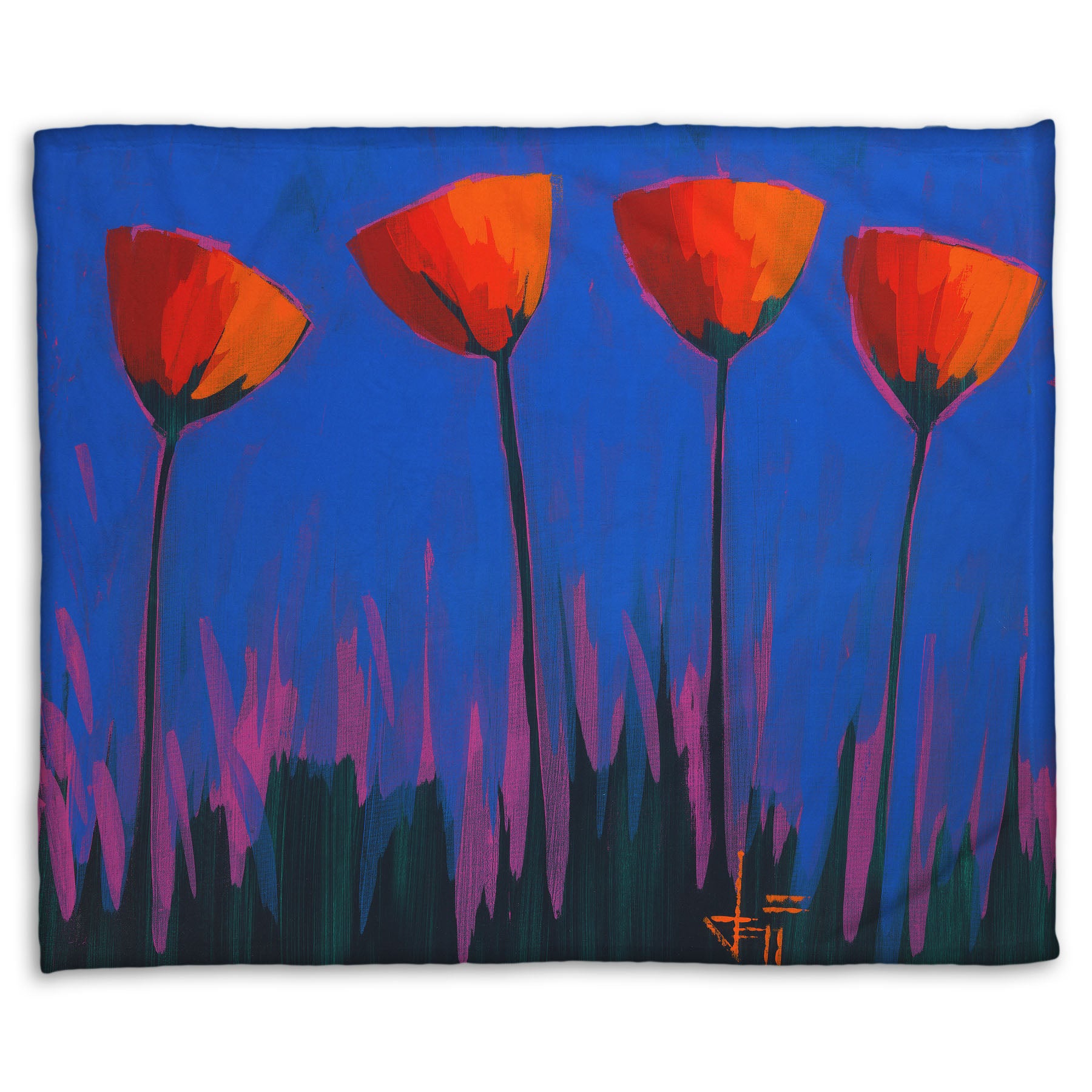 A fleece throw blanket designed with a painting of four simplified red flowers against a dark blue and purple background.