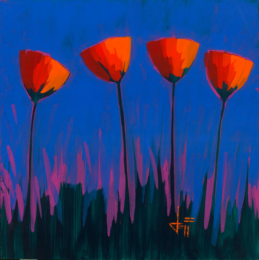 A painting of four simplified red flowers against a dark blue and purple background.