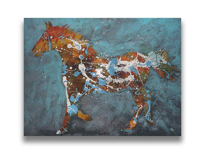 A drip painting of a brown silhouetted horse accented with blue and white, against a blue background. Printed on canvas.