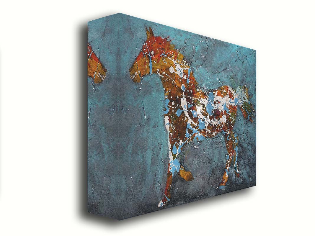 A drip painting of a brown silhouetted horse accented with blue and white, against a blue background. Printed on canvas.