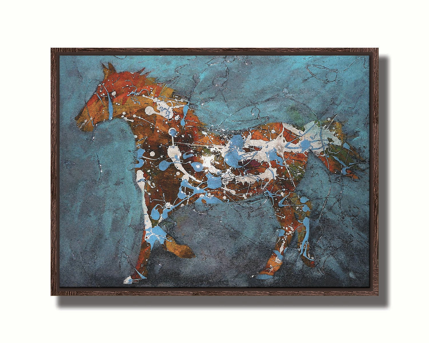 A drip painting of a brown silhouetted horse accented with blue and white, against a blue background. Printed on canvas in a float frame.