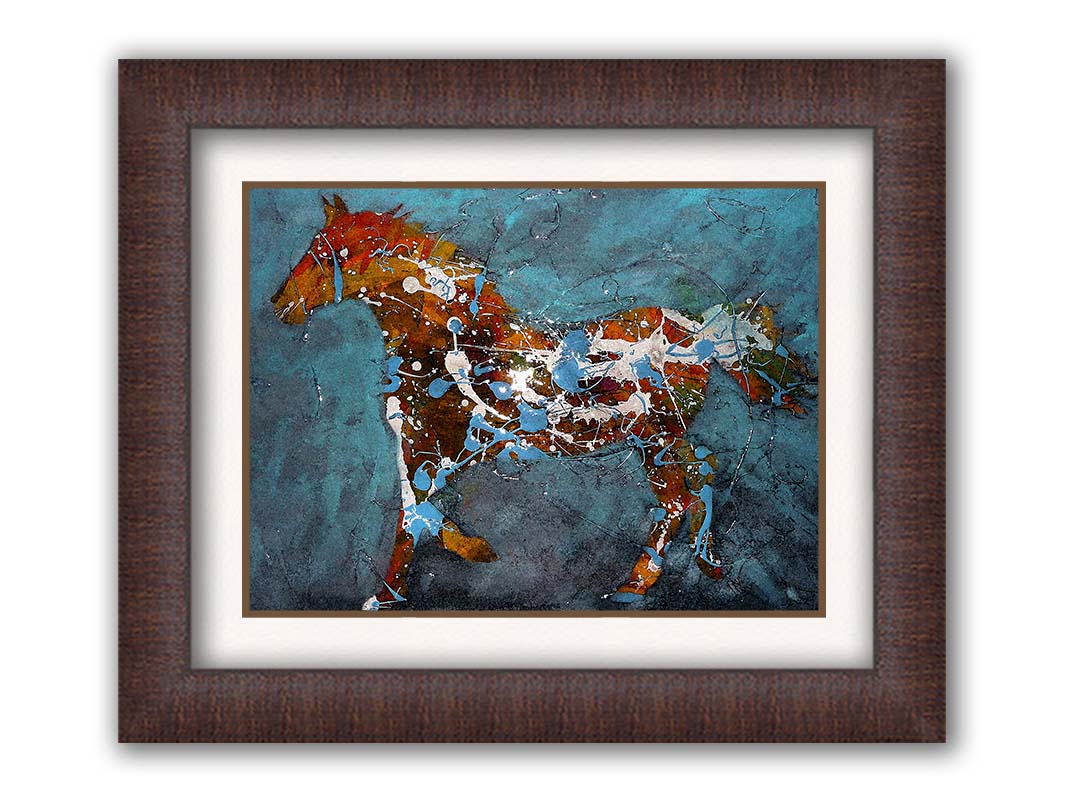 A drip painting of a brown silhouetted horse accented with blue and white, against a blue background. Printed on paper, matted, and framed.