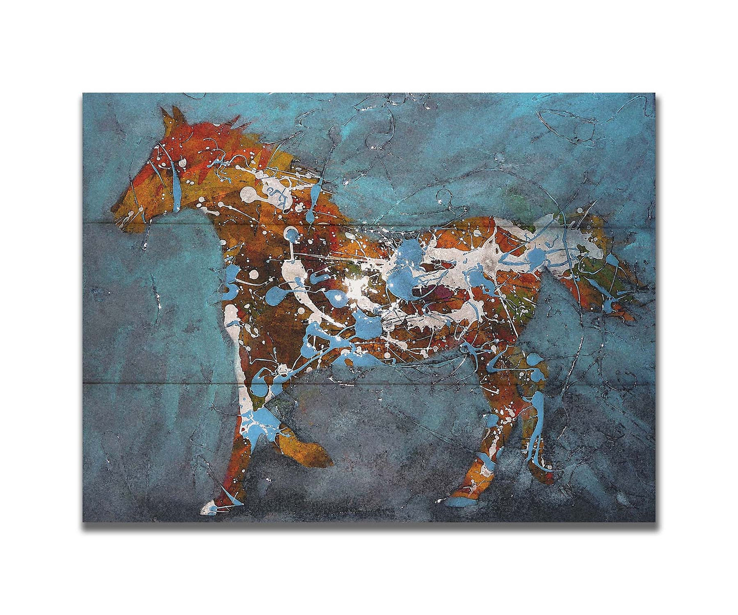 A drip painting of a brown silhouetted horse accented with blue and white, against a blue background. Printed on a box board.